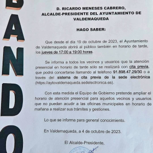 Bando: Ampliación del horario de atención al público